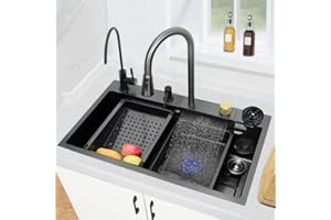 JUMUA Kitchen Sink, New Nano Kitchen Sink 304 Stainless Steel Grey Waterfall Sink Single Bowl Home Sink Vegetable Basin Workstation Kitchen Sink with Pull-Out Faucet, Pressurized Cup Washer