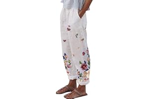 riou Pantalones Mujer Verano Frescos Talla Grande Lino de Algodón Cintura Alta Pierna Ancha Baggy Suelto Pantalón Largo Ligeros Pantalón de Chándal Suave y Cómodo Danza Pilates Yoga Pants