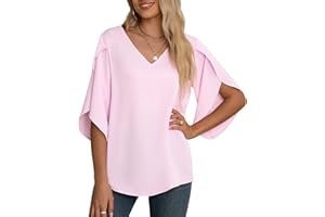 Yommay Women's Chiffon Blouse Ladies Tops Elegant Casual Loose 3/4 Ruffled Split Sleeve V Neck Summer Blouse T Shirts