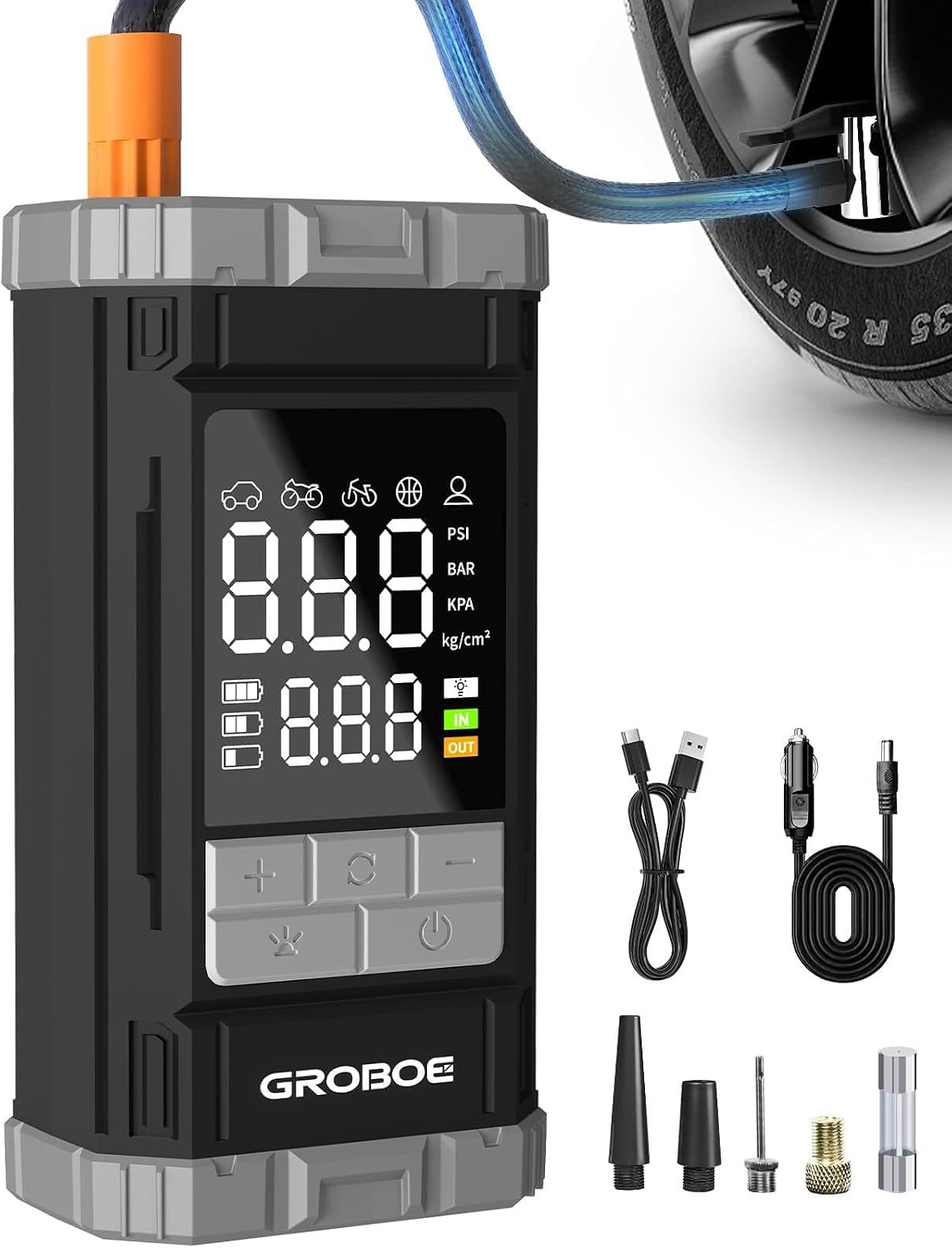 GROBOE Tyre Inflator Air Compressor Portable Car Tyre Pump Cordless Car Air Pump with Digital Pressure Gauge 12V DC 150PSI Rechargeable Electric Bike Pump with Auto Shutoff for Bike Motorcycle Ball