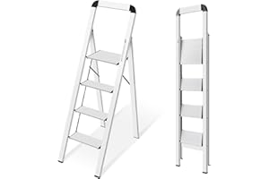 KINGRACK Folding Step Ladder - 4 Steps, Non-Slip, Aluminium, Max Load 150 kg, Silver
