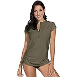 Overdose Tankini Oberteile Damen Sommer V-Ausschnitt Rei/&szlig;verschluss Sonnenschutz UV Surf Tops Kurzarm Badeshirt Strandkleidung Bademode Bikinioberteile
