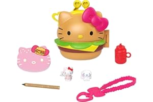 Mattel Hello Kitty GVB28 szkatułka do restauracji z hamburgerami (12,5 cm) z 2 figurkami Sanrio Minis, notatnik i akcesoria do pisania, zabawka prezent dla dzieci od 4 lat