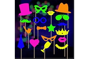 ‎KARLOR KARLOR UV Party Deko, 18 Pcs Neon Foto-Requisiten Papier Glow Deko Fluoreszierend Dekoration Leuchtend lustig Hüte Brille Bärte Weinglas Schwarzlicht Deko Accessories UV Partyzubehör Outfit