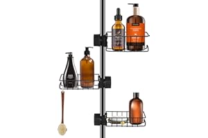 Kamfwert 3 ripiani doccia per asta doccia in acciaio inox, antiruggine, supporto per gel doccia senza fori, per asta da 18-27 mm, portasapone doccia per asta doccia, nero