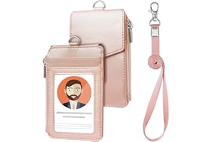 OFFCUP Porte Badge en Cuir PU, Porte Badge Tour de Cou, Porte-Badge avec 4 Emplacements Pour Cartes et Poche Zippée, Porte-badges en cuir avec Cordon Rétractable pour Le Travail, L'école, Rose