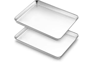 Baking Tray Set of 2, Bastwe Stainless Steel Oven Trays, Rectangle Baking Sheets Pans Perfect for Cooking Serving, Non Toxic & Rust Free, Mirror Finished & Dishwasher Safe (9 x 7 x 1 inch)