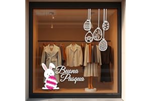 Gigio Store Adesivi Decorativi Pasquali per Vetrine Negozi - grandi dimensioni 2x2 MT - con scritta 'Buona Pasqua' - Decorazioni Rimovibili con Coniglietto, Uovo Rosa e ornamenti sospesi