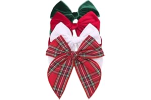 SUGARMELON Velvet Plaid Bow Hair Clips and Accessories for Little Girls and Baby Moms - Red Green White Tartan Christmas Fable (4 Pack)