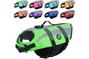 EMUST Chalecos salvavidas para perros, chalecos salvavidas ajustables para perros, chaleco salvavidas de alta visibilidad para perros, traje de baño de seguridad para perros medianos, verde, M