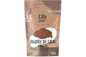 CIBO CRUDO CRUDO BIOLOGICO VEGAN Cacao en Poudre non Sucré Bio - 200g. Cacao Cru Amer Sans Sucre de Agriculture Biologique. Cocoa Powder de Nibs de Cacao Crues Criollo.