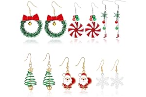 QUOHE 6 Paia Orecchini Pendenti Natalizi, Orecchini Acciaio Inossidabile Regalo Gioielli Decorazione Natalizia per Donna Bambini Ragazze, Colorati Particolari Orecchini di Fiocchi di Neve e Babbo Natale