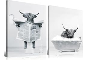 ZFTCN Art mural drôle de vache des Highlands dans la baignoire - Tableau sur toile noir et blanc pour salon, salle de bain, chambre à coucher - Décoration sans cadre - Double - 50 x 70 cm x 2
