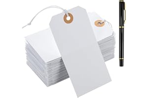 WHENZOO 100PCS Large Price Tags 120x60 mm with Label Strings, White GiftTags Tie on Blank Marking Tagswith Elastic Rope Attached Writable Hanging Merchandise LabelTags for Clothing Display Luggage Craft