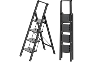 Ladnamy Escalera de 4 peldaños con reposabrazos de Aluminio, Plegable, Ligera, para familias, oficinas y cocinas, Capacidad de Carga máxima de 150 kg, Color Negro