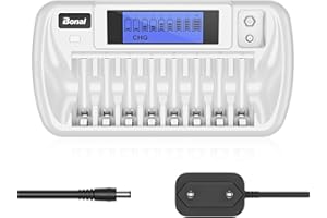 BONAI LCD Cargador de Pilas para AA AAA Ni-MH Ni-CD y 9V Pilas Recargables, Inteligente Cargador de Pilas, 9 Slot Cargador de