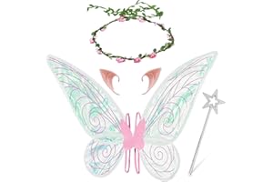 BLUELVES Ali da Fata Bambina Donna, Ali Farfalla con Orecchie da Elfo Corona Fiori Bacchette di Fata, Costume Ali da Fata Farfalla per Accessori Halloween Carnevale Feste Cosplay Bambini Adulti (Rosa)