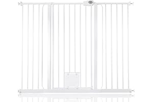 Bettacare Barrière pour Chien avec Chatière Verrouillable, 133,2 cm - 140,8 cm, Blanc, Hauteur de 104 cm, Barrière de Sécurité pour Animaux Extra Haute avec Chatière pour Chat