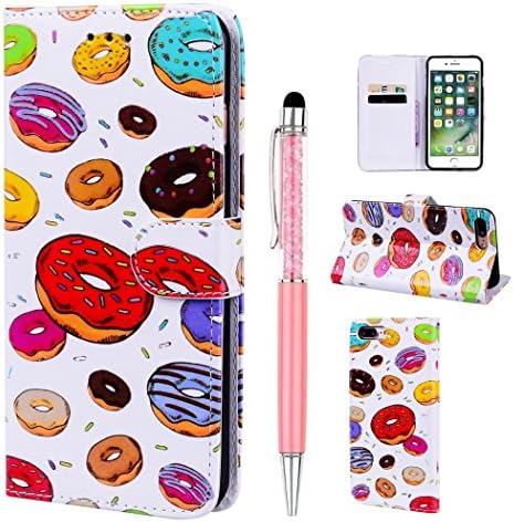 Leather Cover for iPhone 8 Plus / iPhone 7 Plus (Not for iPhone 8/7) Case, Wallet Flip Case Cover for iPhone 8 Plus / iPhone 7 Plus, Colourful Cute Pattern Painted Design Case for iPhone 8 Plus / iPhone 7 Plus, ZCRO Premium PU Leather Bookstyle Phone Case with Card Holder Slots Magnetic Silicone Inner Back Shell Ultra Slim Fit Stand Full Protective Case a Stylus Pen for iPhone 8 Plus / iPhone 7 Plus (Cute Donuts)