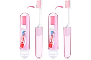 Nuenen 2 Cepillos Dentales de Viaje Mini Cepillos Manuales de Dientes Portátiles con Cerdas Suaves Cepillo de Dientes Plegable con Pasta de Dientes para Camping Niños Adultos Higiene Bucal (Rosa)