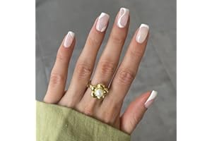 Sethexy 24 szt. biała francuska końcówka różowa sztuczne paznokcie krótkie kwadratowe wirowe sztuczne paznokcie biała fala prasa na paznokcie błyszczący sztuczny klej do paznokci wielokrotnego użytku