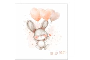 Edition Seidel Kwadratowa kartka z życzeniami z okazji narodzin dziecka z kopertą, kartka z życzeniami dla niemowląt, dla chłopców i dziewczynek, zając, balony serca (EQ103 SW024)