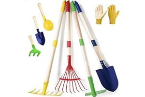 Demero Kids Gardening Tools 8PCS Set Include Long Rake, Shovel, Hoe, Leaf Rake 3 Small Gardening Tools, A Pair of Kids Garden Glove, Gardening Gifts for Children