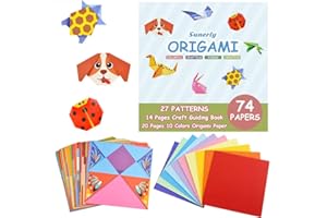 Sunerly Kit di Origami colorato con Libro di Istruzioni di 14 Pagine 74 Carte di Origami Vivaci Fronte-Retro 27 progetti Origami per Bambini Principianti Corsi di Formazione e Scuola