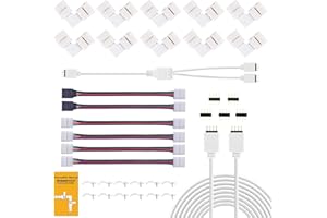 REDTRON Conector de tira LED RGB de 10mm que incluye 10x conectores en forma de L, Cable divisor de 2 vías, 4x puentes conectores de tiras, 4 pines conector kit [Clase de eficiencia energética A]