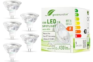 ‎GREENANDCO 5x greenandco® LED spot zastępuje 40 wat MR16 GU5.3 halogen spot, 5W 430 lumenów 3000K ciepła biel 38° 12V AC/DC, nie ściemniacz