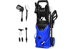 COSTWAY Nettoyeur Haute Pression 140Bar 300L/H avec 1 Buse Lotus et 1 Buse Haute Pression, Flexible 5 Mètres Roues et Poignée Centrale, Système de Connexion Rapide (Bleu)