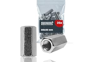 HELPMATE - Dado di prolunga M8 - acciaio zincato - 25 pezzi - Dado di prolunga esagonale per collegamento filettature metriche (8x30x13)