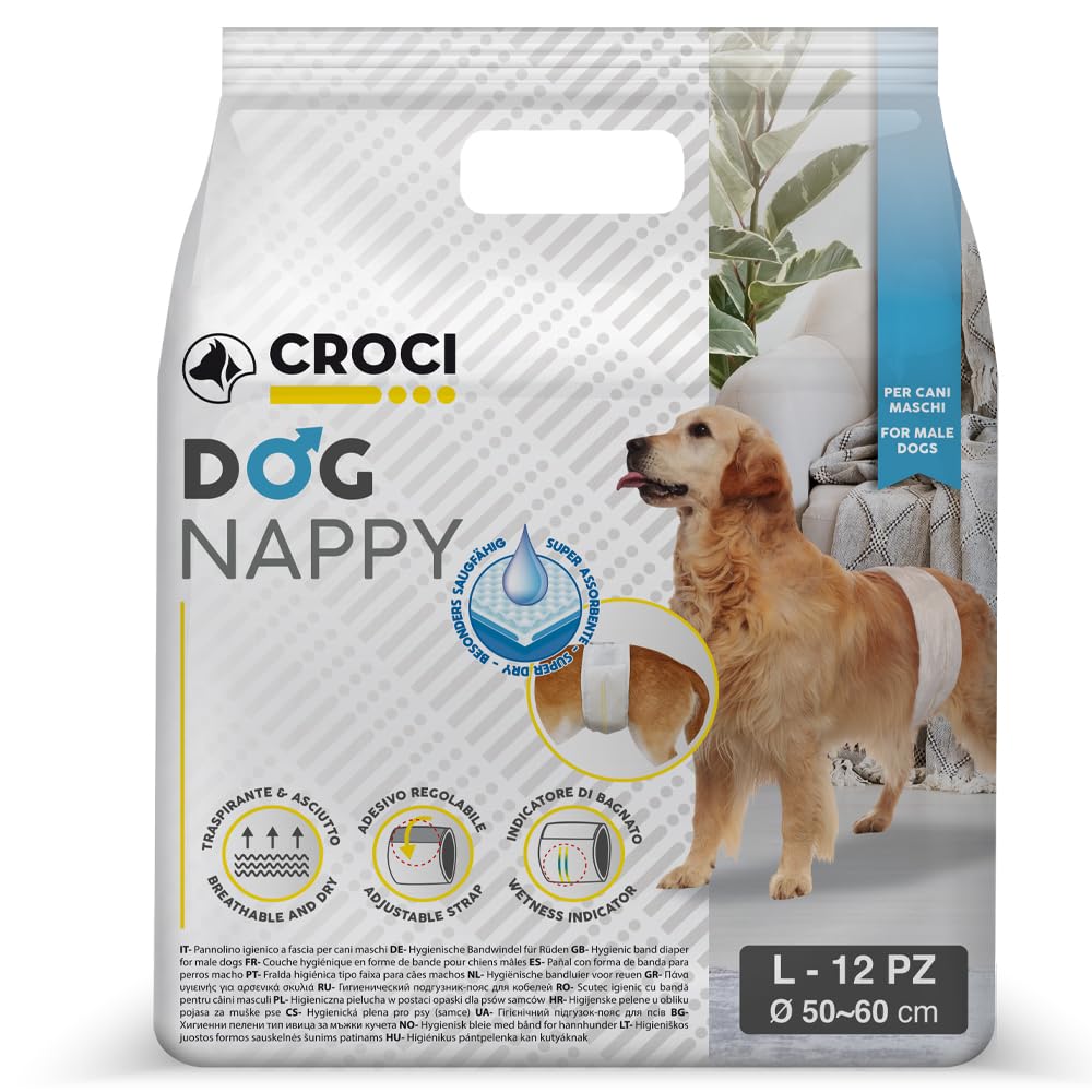 Croci Dog Nappy - Pañales Para Perros Machos - Calzoncillos Para Perros Para Orinar - Pañal Envolvente Higiénico Para Perros Machos, Antiolor, Desechable, 12 Piezas, Tamaño L, 50-60 Cm