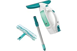 Leifheit Kit aspirateur à vitres Dry & Clean avec manche et mouilleur, lave vitre sans traces, nettoyeur vitre multi usages, aspirateur portable, autonomie jusqu'à 38 minutes