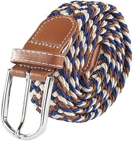 BLT118-Navy, Brown and Cream Canvas Elastic Stretch Belt With Real Leather Tips