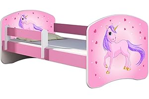 Kinderbett Jugendbett mit einer Schublade und Matratze Rausfallschutz Rosa 70 x 140 80 x 160 80 x 180 ACMA II (17 Pony, 70 x 140 cm)
