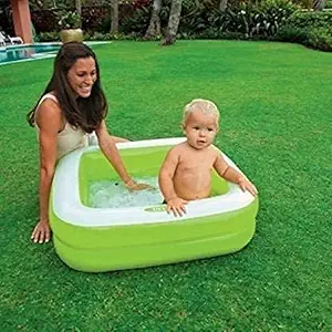 HappyBive Summer Special 3.5 feet Rectangular Inflatable Kid Swimming Pool with Air Pump, Bath tub, Water Pool for Kids Green/Pink Color