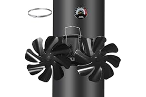 Tomersun Kaminventilator Magnetisch, Ofenventilator Ohne Strom mit 16 Blättern, Leiser Kamin Ventilator Kaminlüfter für Holz/Brennholz/Feuerstelle/Ofenrohr Mit Thermometer und 1pcs Ersatzteil Ring