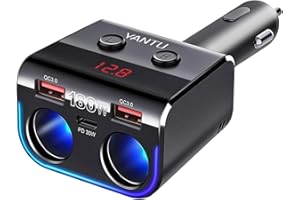 YANTU Cigarette Lighter Adapter 180W PD/QC Multi Socket with 3 Plug/Port Fast Charge for Car Devices