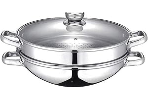 Baumalu - Wok & Wok Vapeur 2-en-1 - Acier Inoxydable - Tous Feux dont Induction - Couvercle en Verre avec Bords Inox et Trou Vapeur - avec Légumier et Panier - Poignées en Métal - Ø32cm
