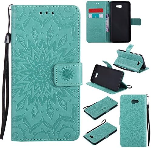 (Sleeping Bear) -Samsung Galaxy J7 Prime Case,Embossed Totem Sun Flower Pattern PU Leather [with Lanyard Strap/Rope] Credit Card/Cash Holder Slots Wallet Stand Flip Fashion Ultra Slim Fit Protective Case Cover + stylus.---Green