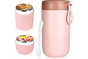 JOLIGAEA Taza Termo de 800ML para Cereales y Yogurt, Doble Capa con Cuchara, Termo de Comida Caliente, Acero Inoxidable para Escuela, Oficina, Viajes, Rosa