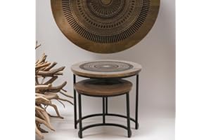 MARRAKESCH 2-częściowy zestaw stolików pomocniczych z drewna 43 cm 34 cm | stołek Astus okrągły jako orientalna dekoracja