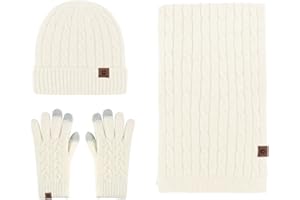 LumiSyne Invierno 3 En 1 Gorro Bufanda Guante Set Hombre Mujer Punto Grueso Color Sólido Punto Trenzado Sombrero Beanie Bufanda Larga Guantes De Pantalla Táctil Suave Cálido Forro Polar