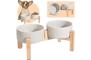 PTOBER Comedero y Bebedero Elevado Para Perro - Cuenco Doble de Cerámica Con Soporte de Bambú - Platos Para Comida y Agua - Bol Para Perros Pequeños y Medianos - 2 x 850 ml