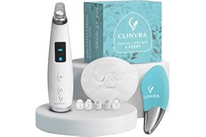 CLINVRA Kit facial 4 pasos: Succionador de Puntos Negros con 5 boquillas + Limpiador Facial Eléctrico + Toalla para abrir poros, extractor y limpiador de poros para casa