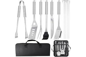 JUAUO 11Pcs BBQ Accessories, Professional Stainless Steel BBQ Grill Tool Set, Portable Barbecue Utensil Set with Case, Birthday BBQ Gift for Men Backyard Outdoor Camping Barbecue Cooking Picnics