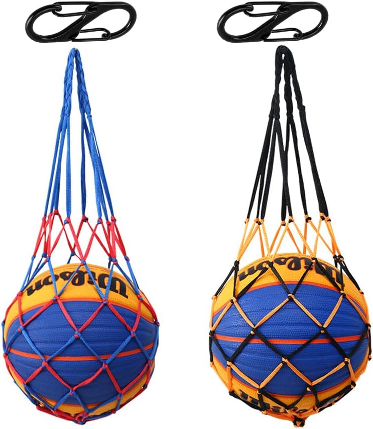 YIPFEN 2 unidades de bolsa de red con mosquetón, bolsa para balones de baloncesto, fútbol o voleibol, red portátil para 1 balón, bolsa deportiva con cordón, color negro