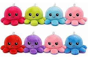 USTASS Packung mit 4 Stück, mehrfarbig – Plüschtier Oktopus, wendbar, 10 cm – doppelseitig, fröhliche und knurrende Stimmung mit Befestigung – Kawaii