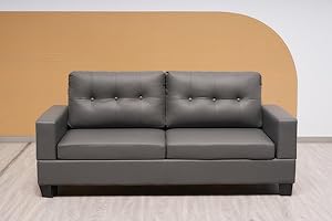 SOFAHEAVEN Cube -Grey Bonded Leather 3+2 Seater Sofa Set- Highback Fabric Couch Living Room Furniture - 3 Seater settee - 2 Seater sofas & couches (Grey, 3 Seater Sofa)